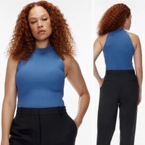 BABATON Aritzia Sculpt Knit Mockneck Halter Top High Neck Flagstone Blue Size M